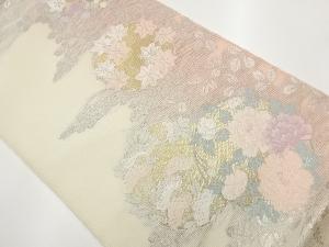  紗 花輪に牡丹・秋草模様織出し袋帯